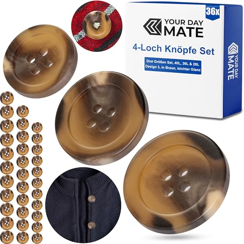 Knöpfe für Bekleidung Set, 36 Stück, 4-Loch, drei Größen, Braun, Polyester, Größe 28L, 36L, 40L, Harzknöpfe für Jacke, Mantel, Anorak, Wintermantel, Winterjacke, DIY Knopf Wäscheknöpfe, Bastelknöpfe von Your Day Mate