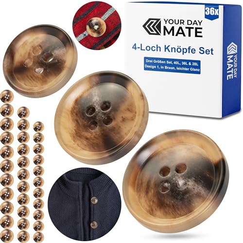 Knöpfe für Bekleidung Set, 36 Stück, 4-Loch, drei Größen, Braun, Polyester, Größe 28L, 36L, 40L, Harzknöpfe für Jacke, Mantel, Anorak, Wintermantel, Winterjacke, DIY Knopf Wäscheknöpfe, Bastelknöpfe von Your Day Mate