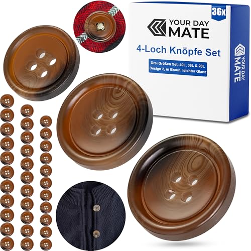 Knöpfe für Bekleidung Set, 36 Stück, 4-Loch, drei Größen, Braun, Polyester, Größe 28L, 36L, 40L, Harzknöpfe für Jacke, Mantel, Anorak, Wintermantel, Winterjacke, DIY Knopf Wäscheknöpfe, Bastelknöpfe von Your Day Mate