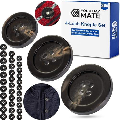 Knöpfe für Bekleidung Set, 36 Stück, 4-Loch, drei Größen, Schwarz, Polyester, Größe 28L, 36L, 40L, Harzknöpfe für Jacke, Mantel, Anorak, Wintermantel, Winterjacke, DIY Knopf Wäscheknöpfe, Bastelknöpfe von Your Day Mate