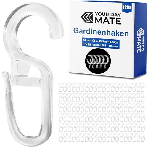 Vorhanghaken für Gardinen Ringe, 120 Stück, mit Ø 10 mm Öse, für Gardinenringe mit 8 bis 10 mm, in Transparent, Gardinenringe Haken zum Einhängen, Faltenlegehaken für Vorhangringe, Vorhang Haken Clip Vorhanghaken für Gardinen Ringe, 120 Stück, mit Ø 10 mm Öse, für Gardinenringe mit 8 bis 10 mm, in Transparent, Gardinenringe Haken zum Einhängen, Faltenlegehaken für Vorhangringe, Vorhang Haken Clip von Your Day Mate