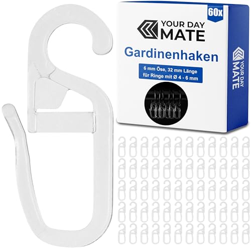 Vorhanghaken für Gardinen Ringe, 60 Stück, mit Ø 6 mm Öse, für Gardinenringe mit 4 bis 6 mm, in Transparent, Gardinenringe Haken zum Einhängen, Faltenlegehaken für Vorhangringe, Vorhang Haken Clip Vorhanghaken für Gardinen Ringe, 60 Stück, mit Ø 6 mm Öse, für Gardinenringe mit 4 bis 6 mm, in Transparent, Gardinenringe Haken zum Einhängen, Faltenlegehaken für Vorhangringe, Vorhang Haken Clip von Your Day Mate