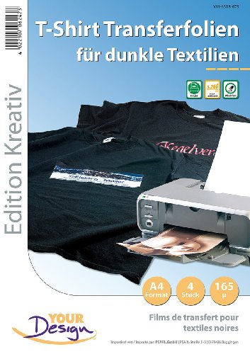 Your Design T Shirt Druck Folien: 4 T-Shirt Transferfolien für bunte Textilien A4 Inkjet (Fototransferfolie, Transferfolie Bügelfolie, Bügeleisen) von Your Design