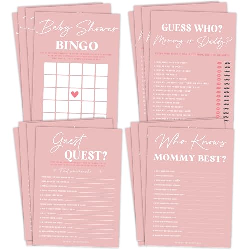 Your Main Event Prints Pink Girl Babyparty-Spiele und Aktivitäten, minimalistisches Design, Bingo, What's in Your Phone, Guest Quest, and Who Knows Mommy Best, 25 Stück von Your Main Event Prints