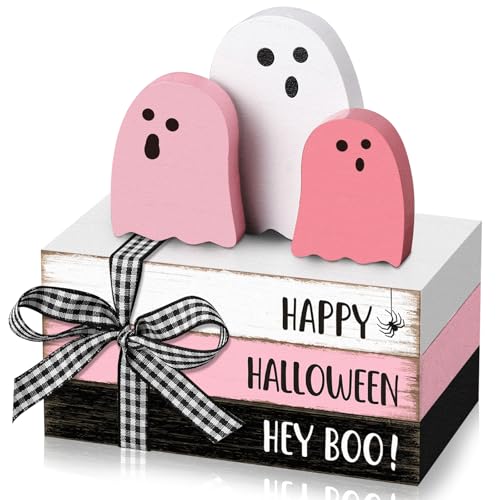 Yousoontic Halloween-Tischdekoration, Pastellrosa, Geister-Holzschild, Bauernhaus, niedlicher Geisterbuchstapel, Mini-Tischdekoration, rosa Halloween-Dekorationen für Zuhause, Büro, Schreibtisch von Yousoontic