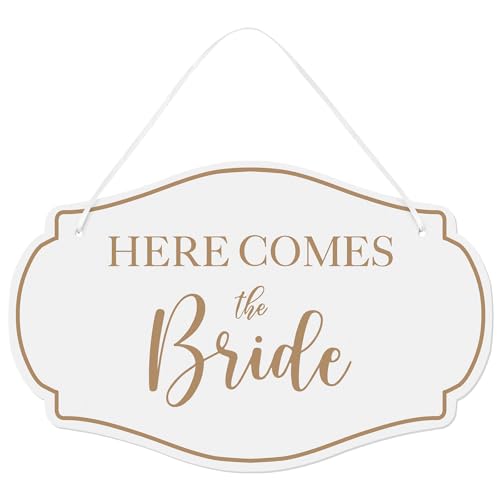 Yousoontic Here Comes The Bride Hochzeitsschilder, rustikales Holzschild, Ringträger, Wanddekoration, Hochzeitszubehör, Zubehör für Empfang, Verlobung, Hochzeit, 27,9 x 17,8 cm (weiß) von Yousoontic