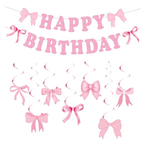 Schleife Geburtstag Party Dekoration, Rosa Schleife Happy Birthday Banner, Schleifen Hängende Wirbel Dekoration für Mädchen Frau Kokette Party Babyparty (Rosa) von YouthLoxus