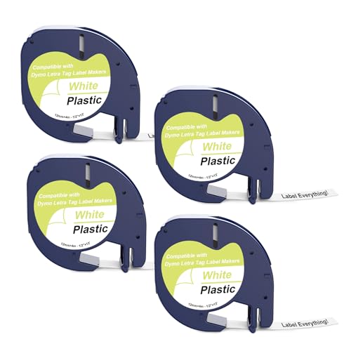 label tape 4pack Yowell 4X Etikettenband - Etiketten Kompatibel für Dymo Letratag 12mm x 4m, Schriftband Kompatibel für Dymo Letratag 200B LT-100H XR LT-100T, Schwarz auf Weiß Beschriftungsband von Yowell
