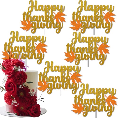 Happy Thanksgiving Cake Topper Glitter Fall Ahornblatt Festival Cupcake Dekor für Thanksgiving Hochzeit Geburtstag Party Dekoration Supplies von Yowzpe