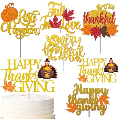 Happy Thanksgiving Cake Topper Glitter Leaves Pumpkin Fall Maple Leaf Turkey Cupcake Decor Autumn for Thanksgiving Wedding Birthday Theme Party Decoration Supplies von Yowzpe