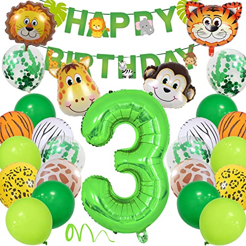 3 Geburtstag Deko Junge Mädchen, Wilde Waldtiere Dschungel Kindergeburtstag Deko 3. Jahr mit Safari Tier Luftballons, Happy Birthday Banner Zahlen Ballon 3 für Kinder Wild Geburtstagdeko von Yoyoin