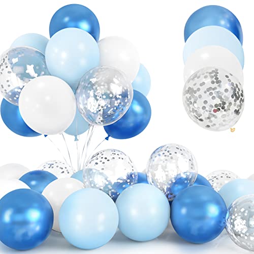 30Pcs Blaues Luftballon Set, 12 Zoll Metallic Chrom Blau Silber Konfetti Ballons Blaue und Weiße Helium Latex Luftballons mit Band für Geburtstag Hochzeit Kinder Baby Shower Party Dekorationen von Yoyoin