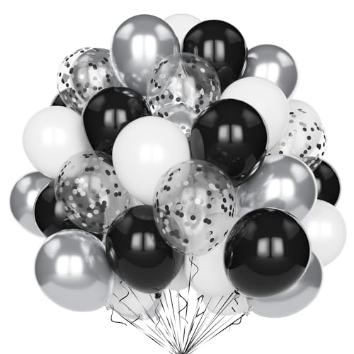 Schwarz Weiß Silber Luftballons, 60 Stück 12 Zoll Matt Schwarz Weiß Metallic Silber Party Ballons Set mit Silber Konfetti Latex Ballons für Geburtstag Hochzeit Babyparty Abschlussfeier Jubiläums Deko von Yoyoin
