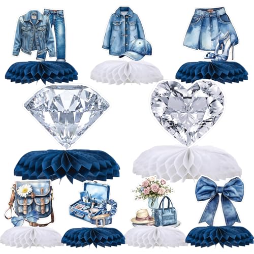 Yoyuspy Party-Dekorationen aus Denim und Diamanten, 9 Stück, Denim und Diamanten, Waben-Mittelstück, Geburtstag, Tischdekoration, Jacke, Jeans-Dekor für Junggesellinnenabschied, Hochzeit und Babyparty von Yoyuspy