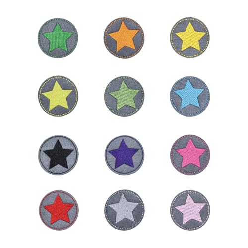 12 Stück Bügel- & Aufbügelflicken Set (Stern/Rund Design) – Bunt Selbstklebende Reparaturpatches für Jeans, Daunenjacken, Hosen – Kinder/Erwachsene DIY Kreativ-Set von Yphzmtz