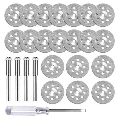 25 Stück Diamant-Trennscheiben 22mm Gelocht für Dremel | Mit 4x 3mm Dorn + Schraubendreher | Für Stein, Fliese, Glas (Rotationswerkzeug Zubehör) von Yphzmtz