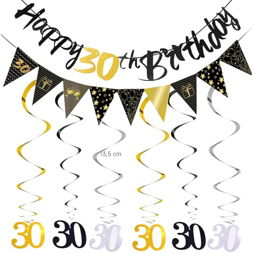 30 Geburtstag Deko Set, Geburtstag Deko Banner Luftschlangen, Schwarz Silber Gold Partydekoration, Banner, Luftschlangen, Wimpelkette mit Zahl 30 für Jungen und Mädchen von Yphzmtz