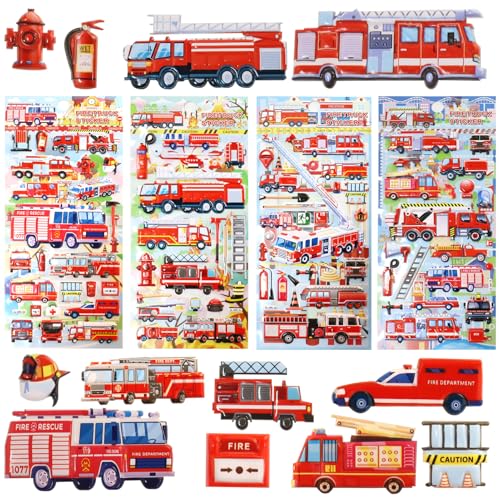 4 Blätter 3D Puffy Sticker Buch, niedliche Feuerwehr Aufkleber, Belohnung Sticker, pädagogisches sensorisches Lernspielzeug für Kinde von Yphzmtz