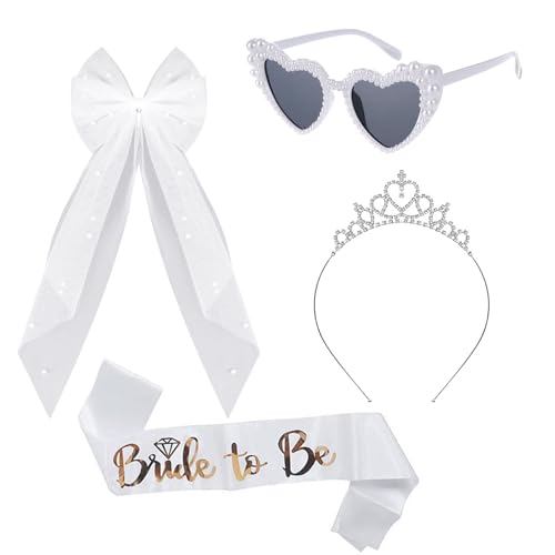 Yphzmtz 4 Stück JGA Accessoire-Set für Braut & Bride to Be - Schärpe, Schleier Weiße, Herz-Sonnenbrille & Haarreif - Deko für Junggesellinnenabschied & Hochzeitsparty von Yphzmtz