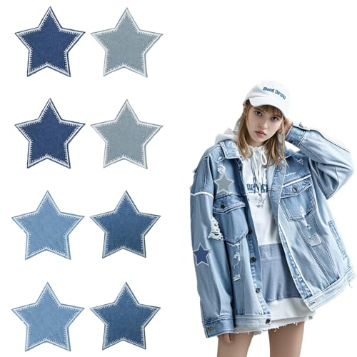 8er Set Bestickte Stern-Aufbügelflicken | Denim-Blau/Grau Deko-Flicken Patches zum Aufbügeln – für Jeans, Hüte, Jacken & Rucksäcke von Yphzmtz