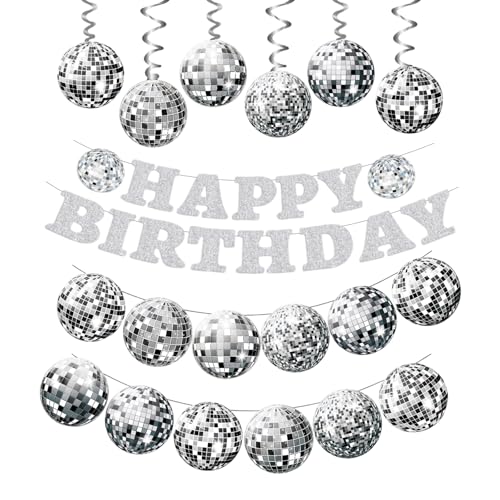 8 Stück Disco Party Deko Geburtstags Girlande Set, 1 Discokugel Banner,1 Silber Happy Birthday Banner & 6 Discokugel Hängende Wirbel, Glitzer Spiralen für Geburtstagsdeko 70er 80er 90er Party 8 Stück Disco Party Deko Geburtstags Girlande Set, 1 Discokugel Banner,1 Silber Happy Birthday Banner & 6 Discokugel Hängende Wirbel, Glitzer Spiralen für Geburtstagsdeko 70er 80er 90er Party von Yphzmtz