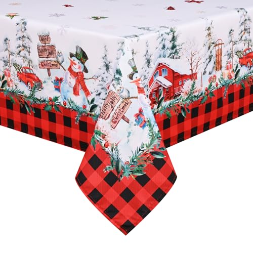 Yrendenge Weihnachten Tischdecke Abwaschbar Tischtuch aus Polyester, Lotuseffekt Wasserdicht Ölbeständig Fleckschutz Kariert Tischwäsche Pflegeleicht Tischdeko für Esszimmer Party 130x220cm Weiß Rot von Yrendenge