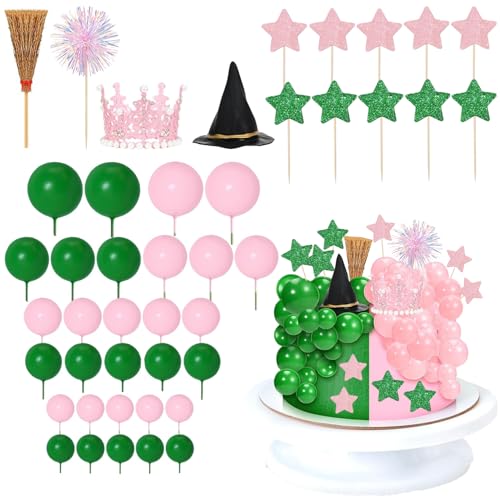 Hexen-Kuchenaufsätze, rosa und grün, Geburtstagskuchendekoration, Zubehör mit Tortenaufsatz, Kugeln, Krone, Besen, Feuerwerkstäben und schwarzem Hut für Prinzessinnen-Geburtstagstortendekoration von Yrmysrx