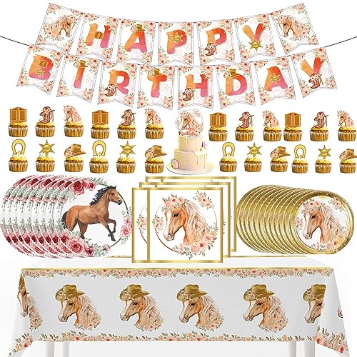 Pferde-Partyzubehör, rosa Pferde-Geburtstagsparty-Dekorationen, einschließlich Pappteller, Tischdecke, Banner, Teller, Servietten, Kuchenaufsatz und Cupcake-Topper für Kinder, Western-Cowgirl-Party Pferde-Partyzubehör, rosa Pferde-Geburtstagsparty-Dekorationen, einschließlich Pappteller, Tischdecke, Banner, Teller, Servietten, Kuchenaufsatz und Cupcake-Topper für Kinder, Western-Cowgirl-Party von Yrmysrx