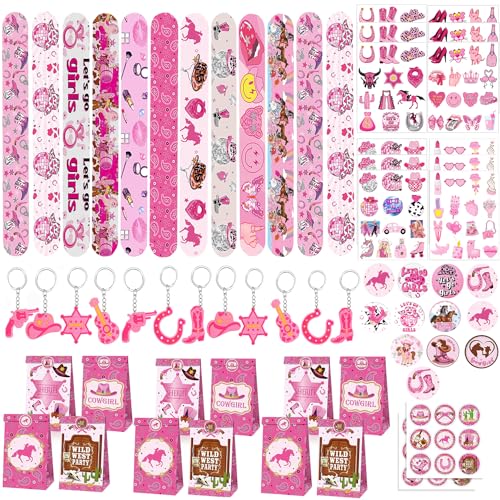 Yrmysrx Pinkes Western-Cowgirl-Partygeschenk-Set enthält 12 Papiertüten, 12 Schlüsselanhänger, 12 Slap Armbänder, 12 Abzeichen, 12 temporäre Tattoos-Aufkleber für Geburtstagsparty-Dekorationen von Yrmysrx