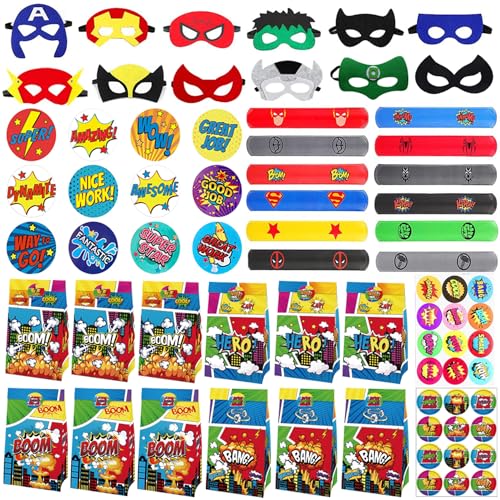 Yrmysrx Superhelden-Party-Dekorationen-Set enthält 12 Slap-Armbänder, 12 Masken, 12 Knopfnadeln, 12 Geschenktüten, 30 Aufkleber für Kindergeburtstag, Party, Geschenke (78 Stück) von Yrmysrx