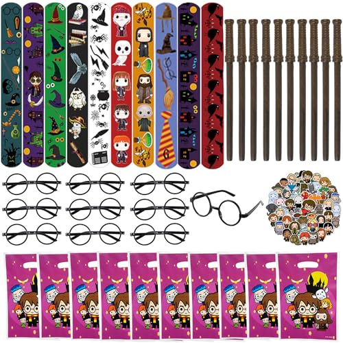 Yrmysrx Zauberer-Geburtstagsparty-Geschenk-Set enthält 10 Zauberstab-Bleistifte, 10 Gläser, 10 Slap-Armbänder, 10 Geschenktüten, 50 Aufkleber für Kinder, Halloween von Yrmysrx