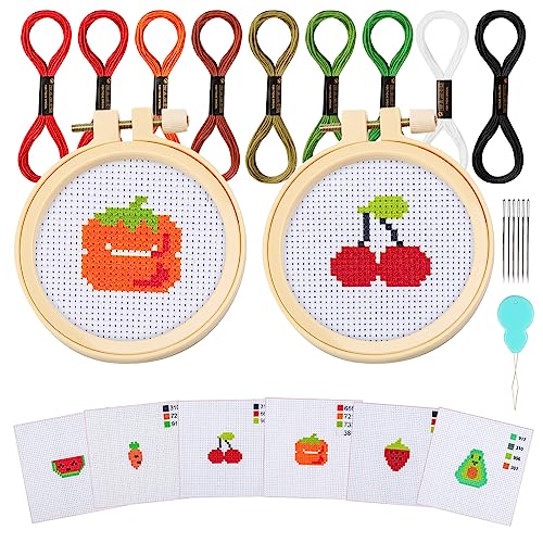 Ysimple Stickerei Set, Kinder Kreuzstich Set Kreuzstich Kits für Kinder Erwachsene Anfänger enthält 6 Projekt-Kreuzstichmuster und 2 Stickrahmen Ring für DIY Kunst, Handwerk, Nähen (Obst) von Ysimple