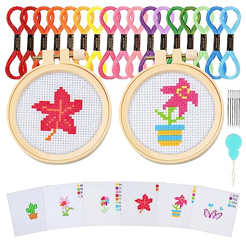 Ysimple Stickerei Set, Kinder Kreuzstich Set Kreuzstich Kits für Kinder Erwachsene Anfänger enthält 6 Projekt-Kreuzstichmuster und 2 Stickrahmen Ring für DIY Kunst, Handwerk, Nähen (Pflanze) von Ysimple