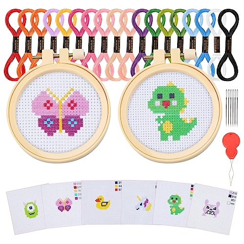 Ysimple Stickerei Set, Kinder Kreuzstich Set Kreuzstich Kits für Kinder Erwachsene Anfänger enthält 6 Projekt-Kreuzstichmuster und 2 Stickrahmen Ring für DIY Kunst, Handwerk, Nähen (Tier) von Ysimple