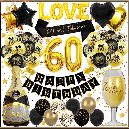 Yskmefun 60 Geburtstag Deko,Deko für 60 Geburtstag Männer Frauen Dekorationen Banner,Geburtstagsband Geburtstagsdeko Mann 60,Deko 60 Geburtstag Schwarz Gold Luftballon von Yskmefun