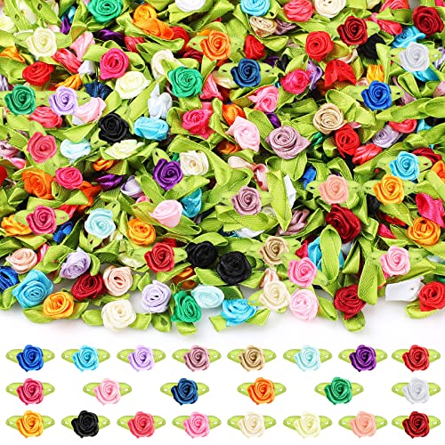 500 Stück kleine Satinband-Rosen, mehrfarbig, Mini-Schleifen, Rosen, kleine Stoffrosen mit grünen Blättern, für Hochzeit, Braut-Applikationen, DIY, Handwerk, Nähen, Verpackungsdekoration von Ysleen