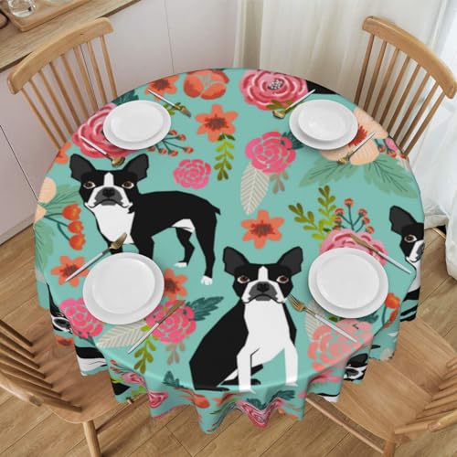 Runde Tischdecke, waschbare Tischdecke 60 Zoll Tischdecke für Picknick Camping Party,Boston Terrier mit Blumen Runde Tischdecke, waschbare Tischdecke 60 Zoll Tischdecke für Picknick Camping Party,Boston Terrier mit Blumen von YsoLda