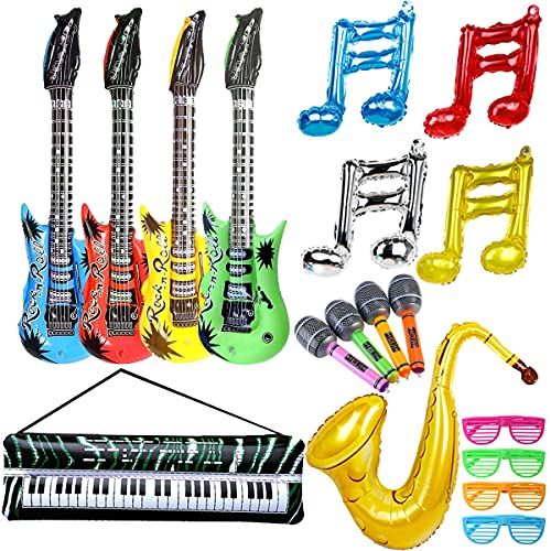 18 Stück Inflatables Gitarre Saxophon Mikrofon Elektronische Orgel Shutter Shading Gläser Musiknotenballon, Aufblasbare Rockstar Set, Musikinstrumente Zubehör für Party Supplies Party Favors Ballons von YuChiSX