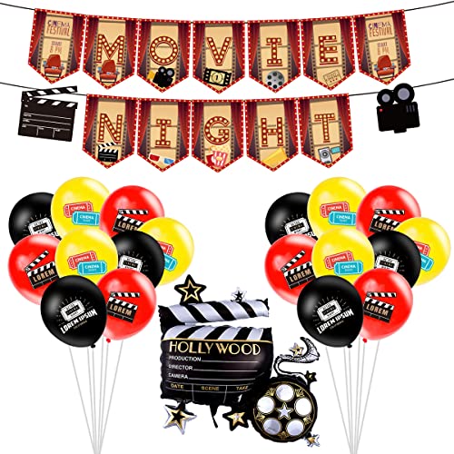 Filmnacht Ballon Dekorationen,Runder Folien Balloons,Latexballons mit Band Movie Night Filzbanner KuchenToppe,für Kino Film Thema Party Baby Shower Party Dekorationen von YuChiSX