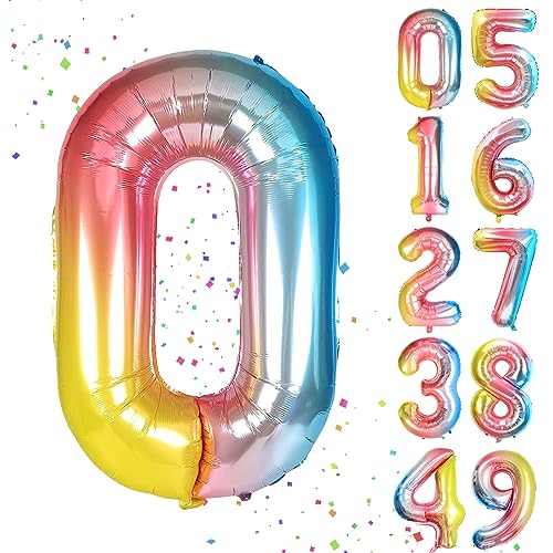 YuSaug Geburtstag Zahlen Luftballon, 40" Folienballon 0 to 9 Regenbogen Farbverlauf Helium Ballon, Folienballon 3 XXL Riesen Geburtstagsdeko Ballon Zahl Deko zum Geburtstag Fliegt mit Helium-0 von YuSaug