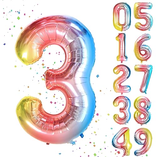 YuSaug Geburtstag Zahlen Luftballon, 40" Folienballon 0 to 9 Regenbogen Farbverlauf Helium Ballon, Folienballon 3 XXL Riesen Geburtstagsdeko Ballon Zahl Deko zum Geburtstag Fliegt mit Helium-3 von YuSaug