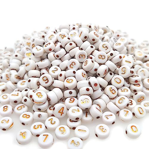 200+ Stück 4 x 7 mm weiße runde Acryl-Zahlenperlen 0-9 gemischte Kunststoffform lose Perlen für Schmuckherstellung Armbänder Halsketten Schlüsselanhänger (Gold auf Weiß) von YuSheng
