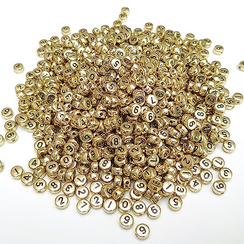 500+ Stück 4 x 7 mm Gold Runde Acryl Zahlen Buchstaben Perlen 0-9 gemischte Kunststoffform lose Perlen für Schmuckherstellung Armbänder Halsketten Schlüsselanhänger (schwarz auf gold) von YuSheng