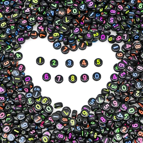 500 Stück 4 x 7 mm schwarze runde Acryl-Zahlenperlen 0–9 gemischte Kunststoffformen, lose DIY-Perlen für Schmuckherstellung, Armbänder, Halsketten, Schlüsselanhänger (bunt auf schwarz) von YuSheng