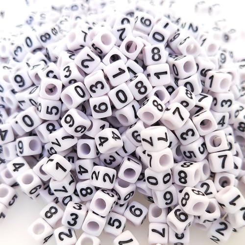 800 Stück 6 x 6 mm weiße Würfel Acryl Zahlenperlen 0–9 gemischte Kunststoffform lose DIY-Perlen für Schmuckherstellung Armbänder Halsketten Schlüsselanhänger (schwarz auf weiß) von YuSheng