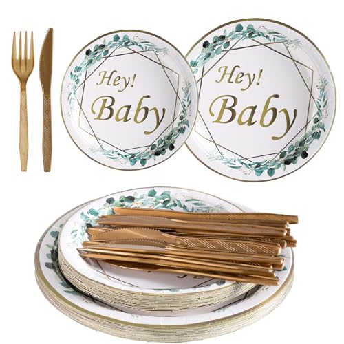 80 Stk Babyparty Deko Junge Neutral Mädchen Partygeschirr Set, einschließlich 40 x Papier Party Teller(7 Zoll/9 Zoll),20 Baby Shower Party Messer Gabel für Baby Shower Gender Reveal Party Deko von YuanbaoTt