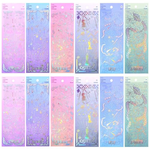 Yuanchu 12 Blatt Holografische Deko Aufkleber, Kpop Glitzer Sticker Selbstklebend Niedliche Hologramm Sticker Wasserfest Klares Vinyl Aufkleber für DIY Fotokarten Scrapbooking Fotoalbum Handyhülle von Yuanchu
