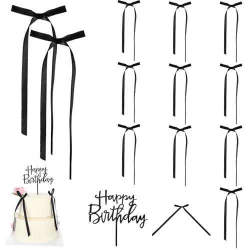 Yuanchu 13 Stück Kuchendekoration mit Schleife, Schwarz Bogen Torten Deko mit Happy Birthday Schild Hochzeitstorte Deko Geburtstag Cake Topper Schleifenband Tortenaufleger(Schwarz) von Yuanchu