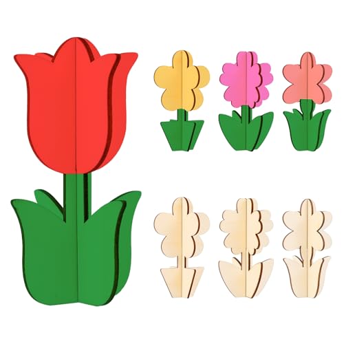 Yuanchu 16 Stück Unfertiges Blumen aus Holz, 3D Blumen Holzbastelsets für Kinder zum Basteln Holz Tulpen Bastelset Diy Dekoration Kreativesets Geschenk für Kinder Zum Bemalen Gestalten von Yuanchu
