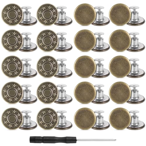 Yuanchu 20 Stück Jeans Knöpfe, Hosen Ersatz Knöpfe Zum Schrauben 17 mm Messing Jeansknöpfe Nähfreiknopf Bronze-Farben Schraubbare Ersatzknopf Verstellbare Metallknöpfe Hosenknöpfe Mit Schraubendreher von Yuanchu